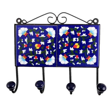 Navy Blue White Floral Tiles Hooks